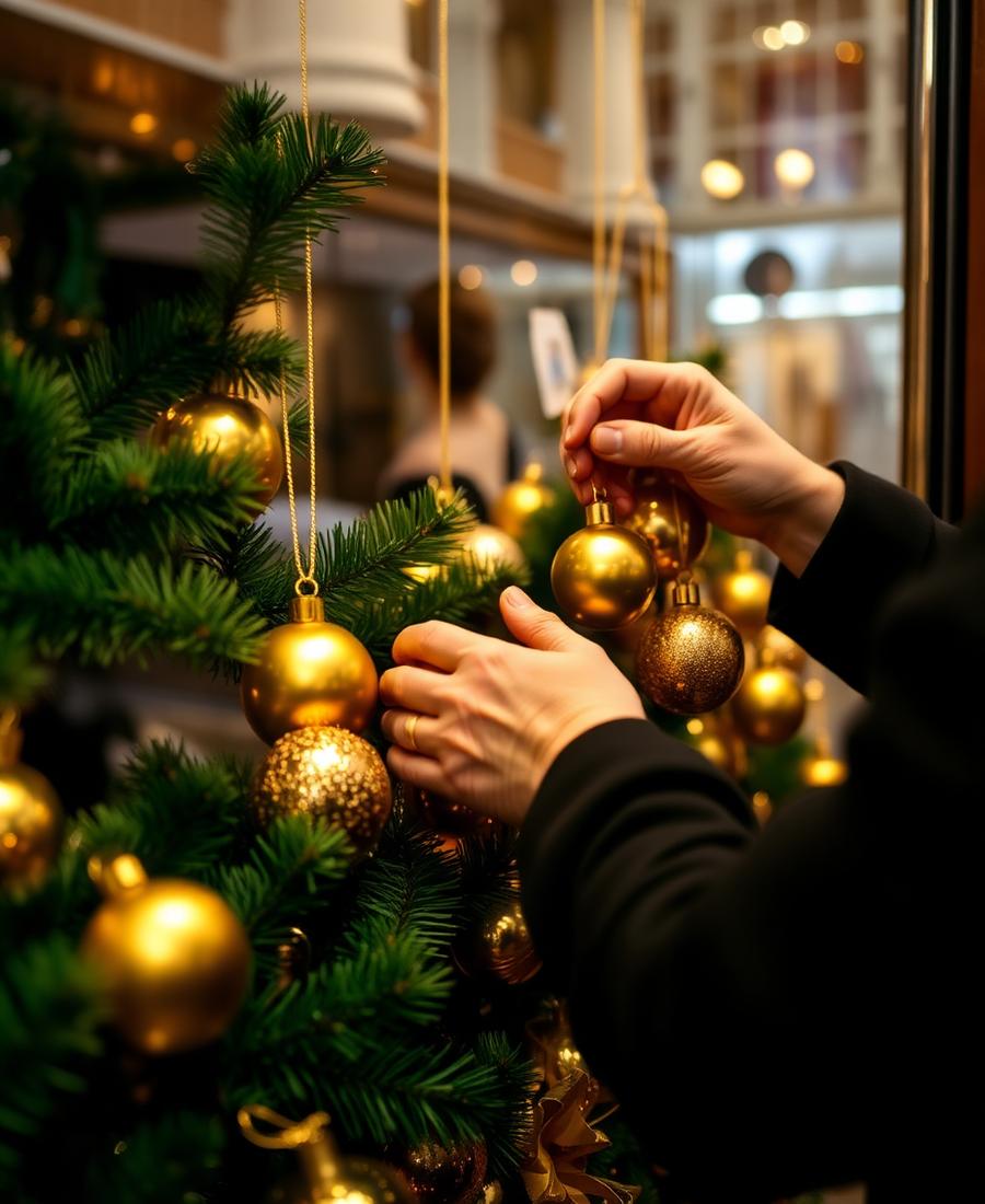 Decorador profissional posicionando bolas douradas em uma vitrine natalina