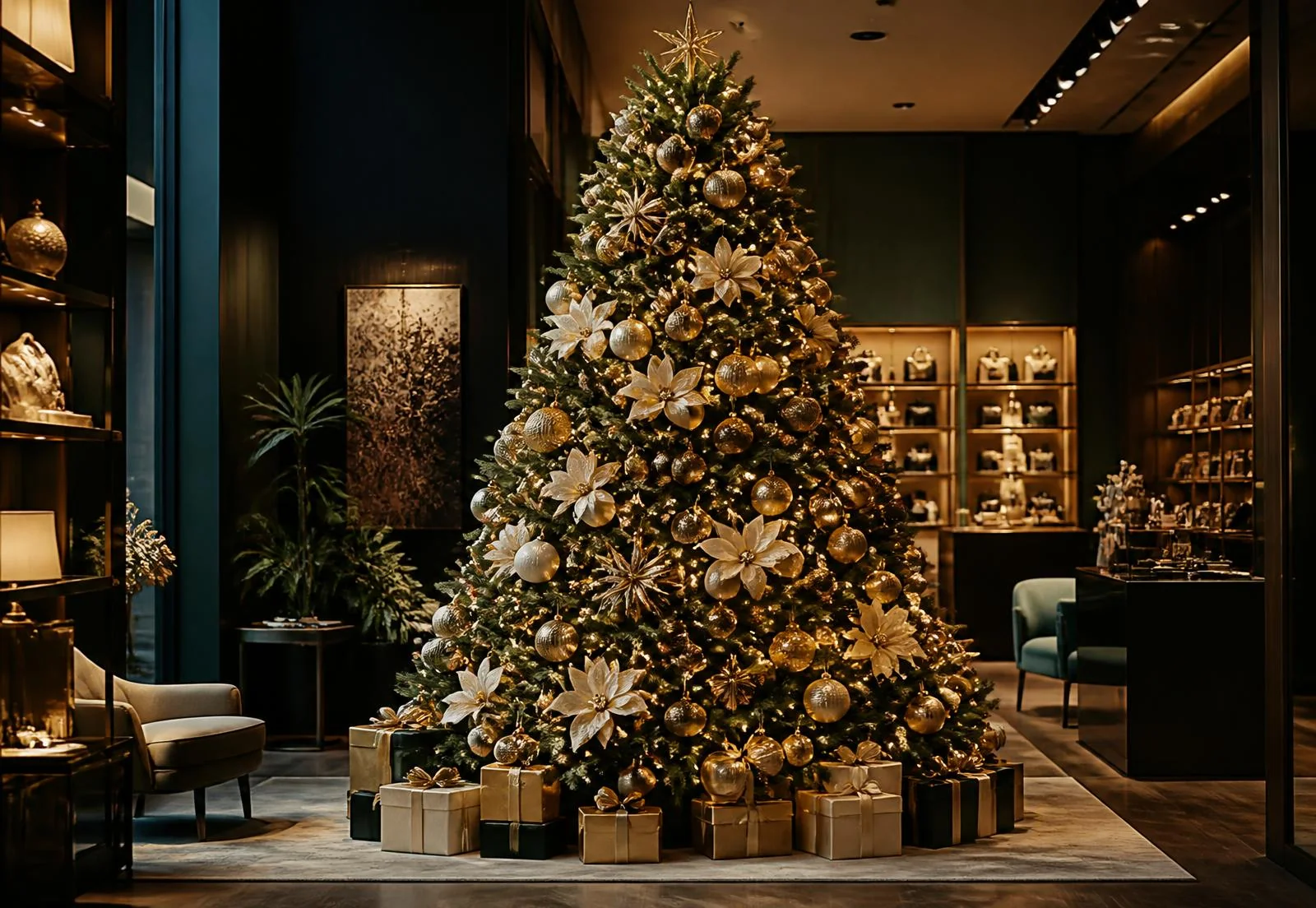 Árvore de Natal decorada com bolas douradas em showroom comercial sofisticado