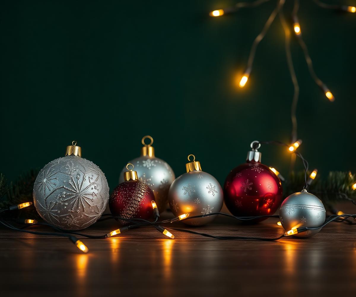Bolas de Natal e cordões de luzes de LED sobre superfície de madeira